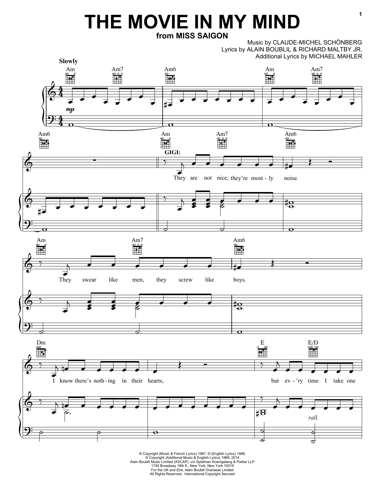 Boublil and Schonberg The Movie In My Mind (from Miss Saigon) sheet music notes and chords arranged for Piano & Vocal