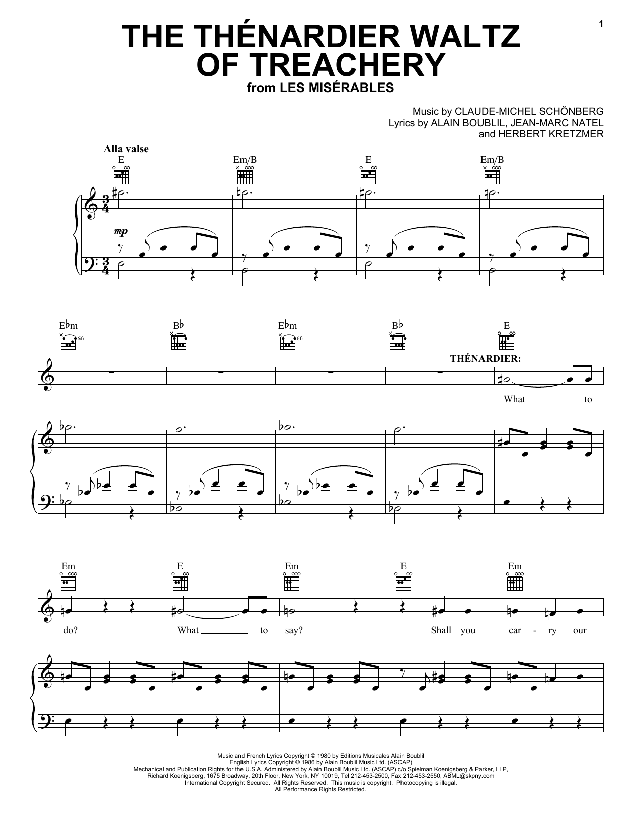 Boublil and Schonberg The Thénardier Waltz Of Treachery (from Les Miserables) sheet music notes and chords arranged for Piano, Vocal & Guitar Chords (Right-Hand Melody)