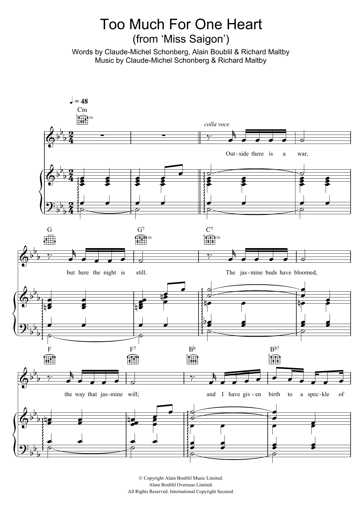 Boublil and Schonberg Too Much For One Heart (from Miss Saigon) sheet music notes and chords arranged for Piano, Vocal & Guitar Chords (Right-Hand Melody)