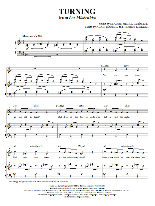 Boublil and Schonberg Turning sheet music notes and chords arranged for Piano & Vocal
