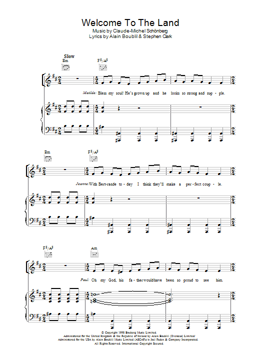 Boublil and Schonberg Welcome To The Land (from Martin Guerre) sheet music notes and chords arranged for Piano, Vocal & Guitar Chords