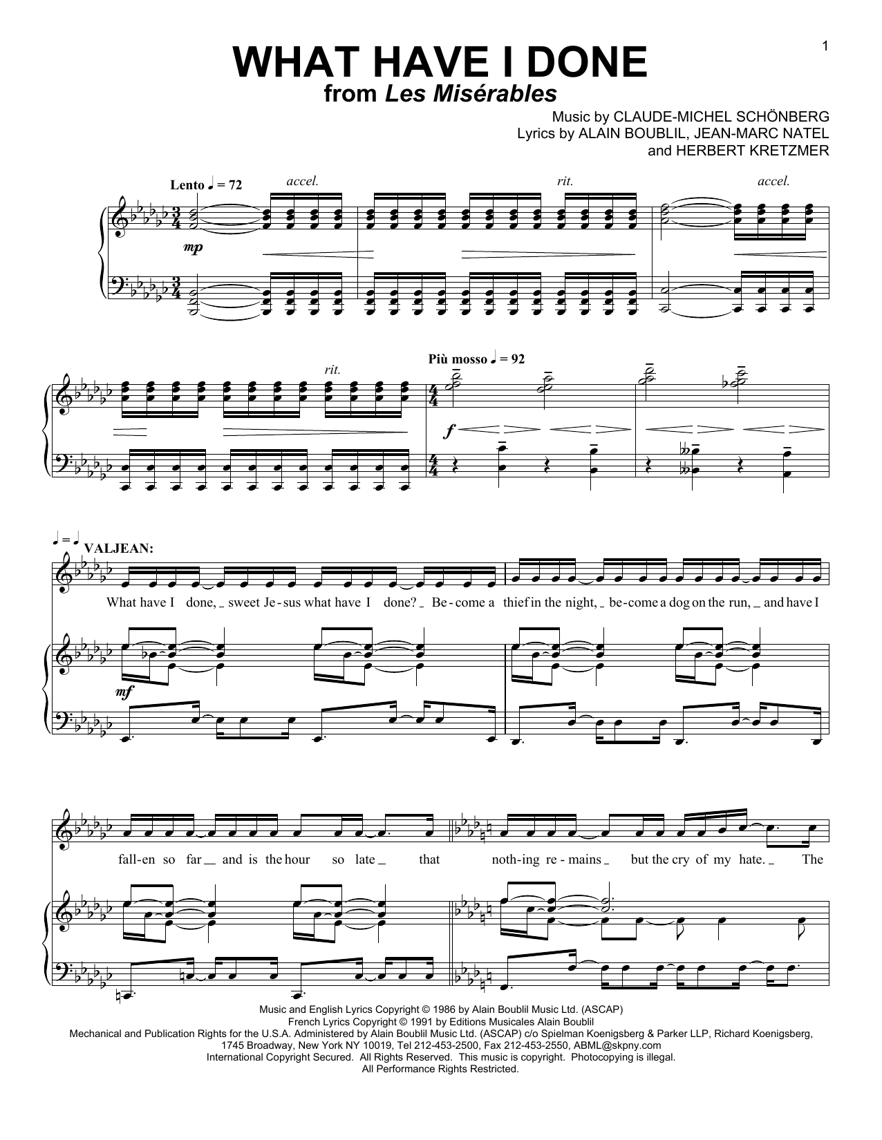 Boublil and Schonberg What Have I Done sheet music notes and chords arranged for Piano & Vocal