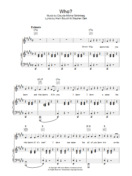 Boublil and Schonberg Who (from Martin Guerre) sheet music notes and chords arranged for Piano, Vocal & Guitar Chords