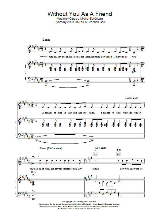 Boublil and Schonberg Without You As A Friend (from Martin Guerre) sheet music notes and chords arranged for Piano, Vocal & Guitar Chords