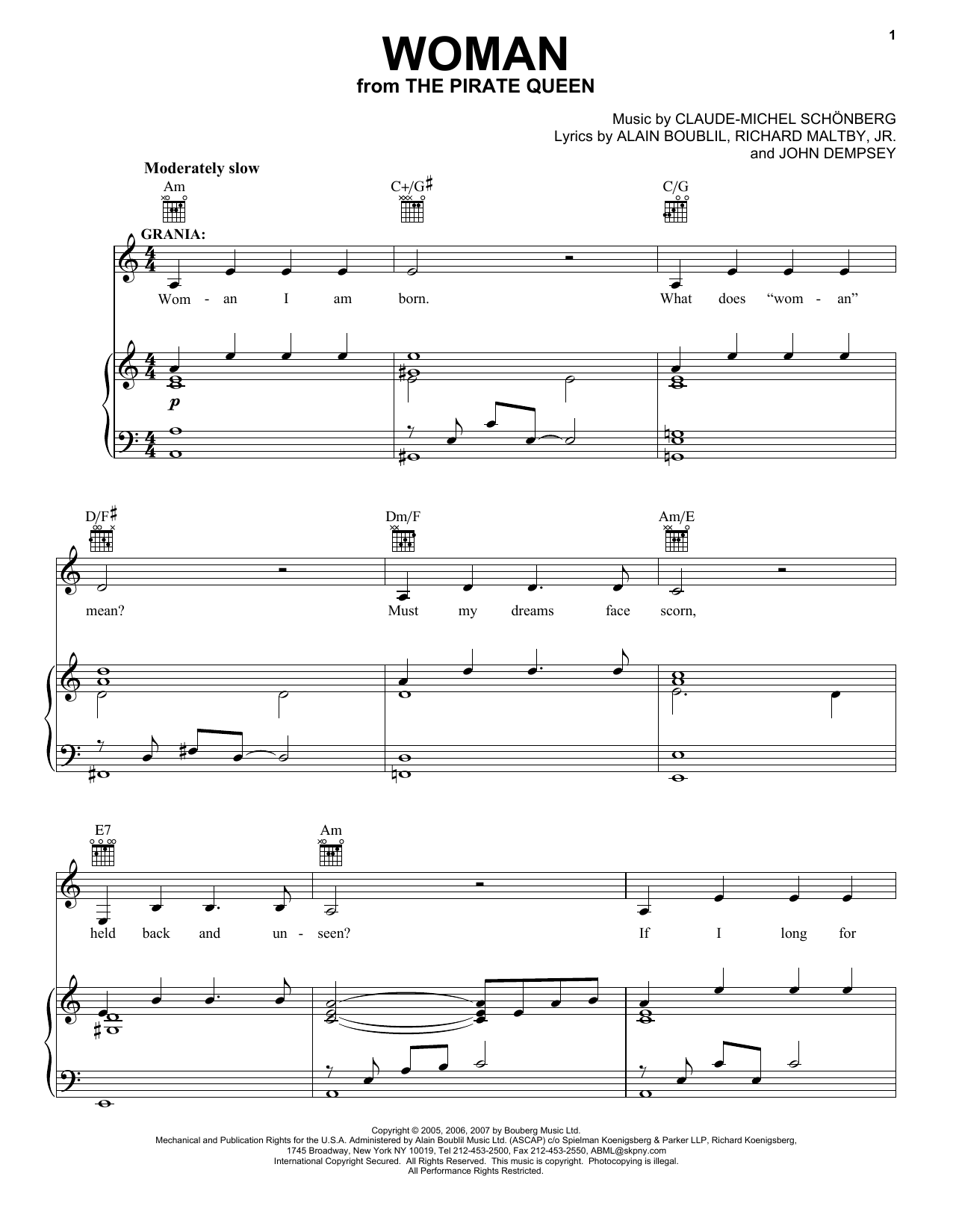 Boublil and Schonberg Woman (from The Pirate Queen) sheet music notes and chords arranged for Piano, Vocal & Guitar Chords (Right-Hand Melody)