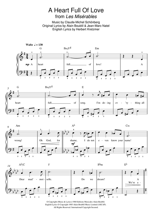 Boublil and Schonberg A Heart Full Of Love (from Les Miserables) sheet music notes and chords arranged for Beginner Piano