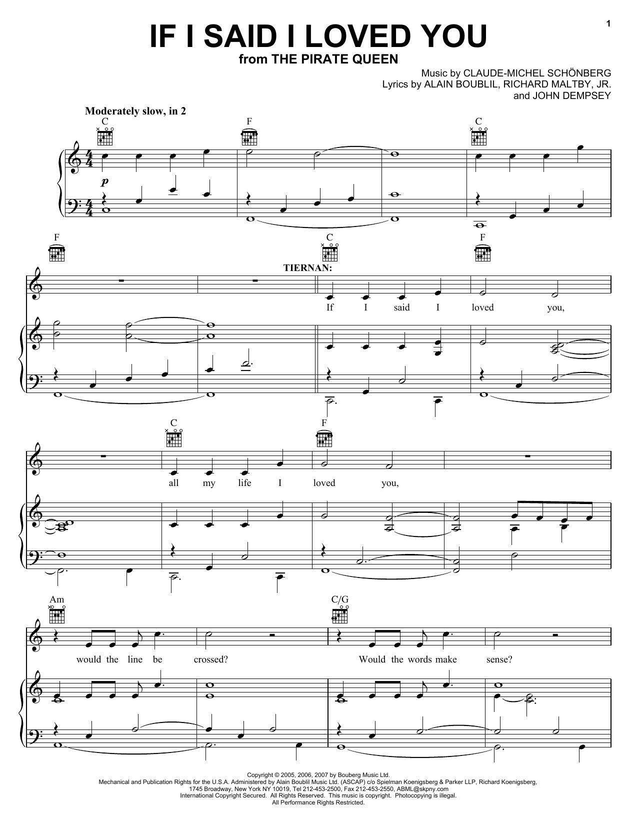 Boublil and Schonberg If I Said I Loved You (from The Pirate Queen) sheet music notes and chords arranged for Piano, Vocal & Guitar Chords (Right-Hand Melody)