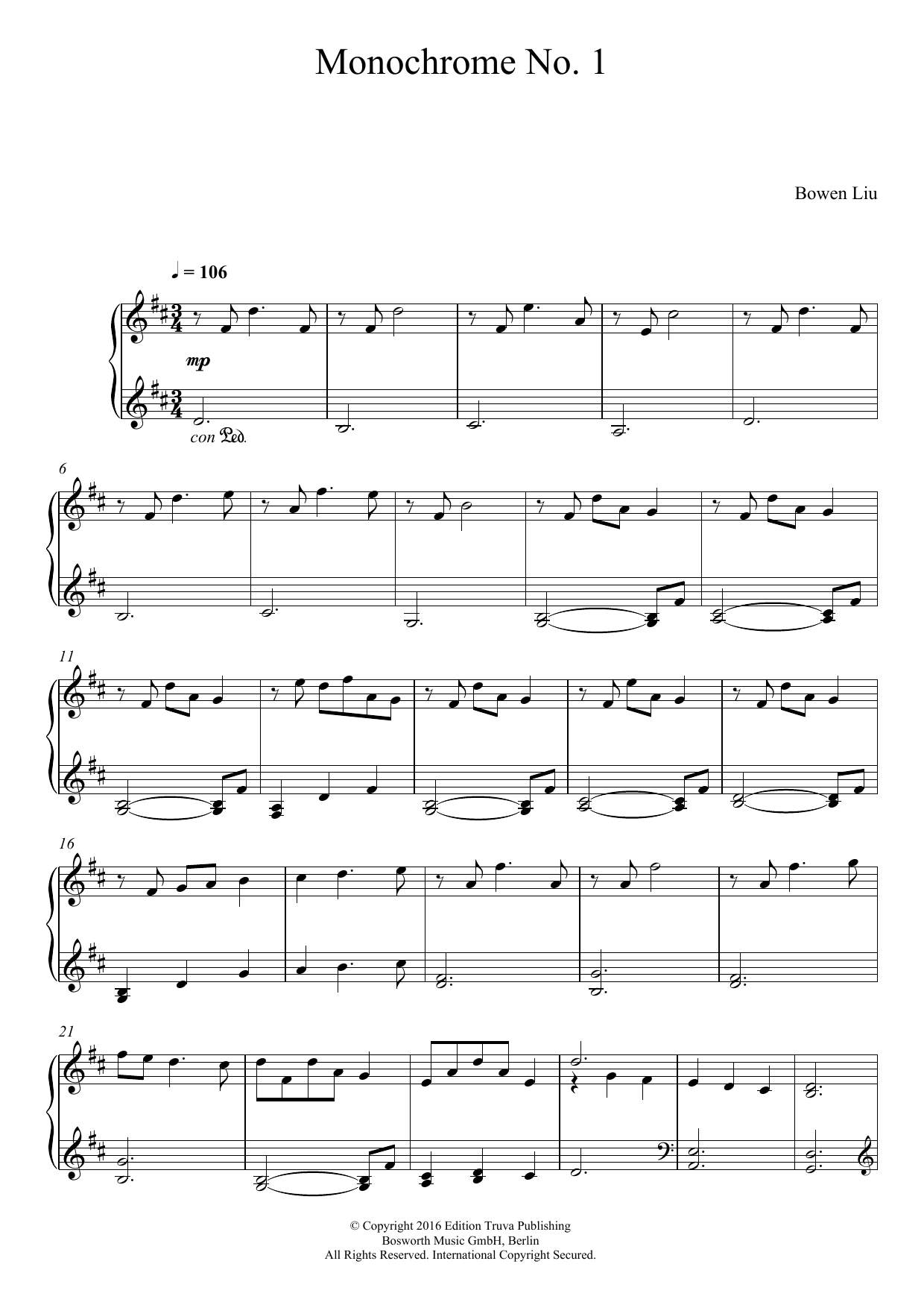 Bowen Liu Monochrome No. 1 sheet music notes and chords arranged for Piano Solo