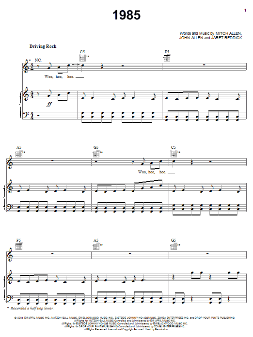 Bowling For Soup 1985 sheet music notes and chords arranged for Piano, Vocal & Guitar Chords (Right-Hand Melody)