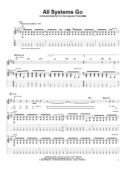 Box Car Racer All Systems Go sheet music notes and chords arranged for Guitar Tab