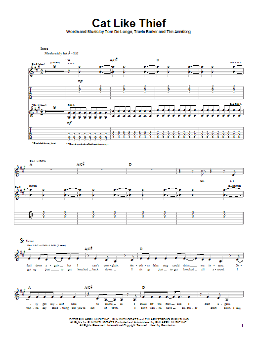 Box Car Racer Cat Like Thief sheet music notes and chords arranged for Guitar Tab