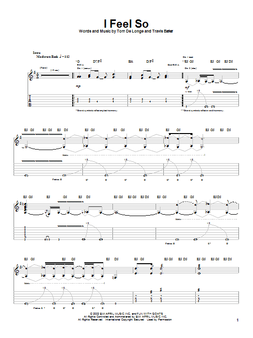Box Car Racer I Feel So sheet music notes and chords arranged for Guitar Tab (Single Guitar)