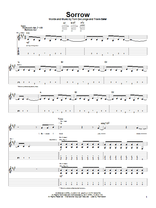 Box Car Racer Sorrow sheet music notes and chords arranged for Guitar Tab