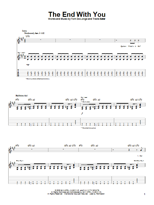 Box Car Racer The End With You sheet music notes and chords arranged for Guitar Tab