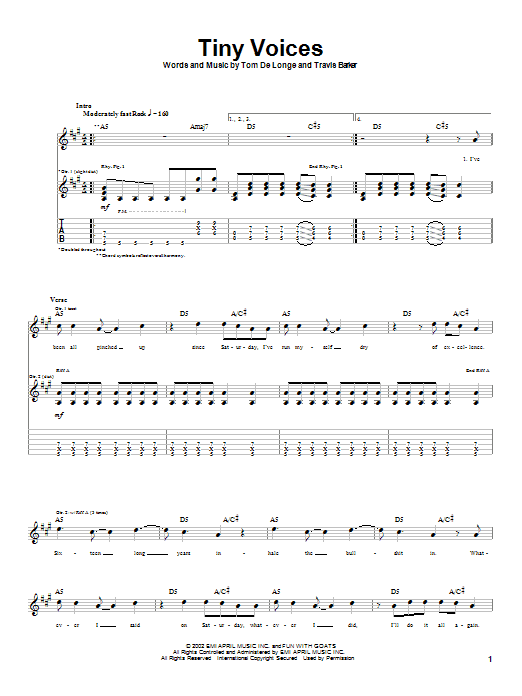 Box Car Racer Tiny Voices sheet music notes and chords arranged for Guitar Tab