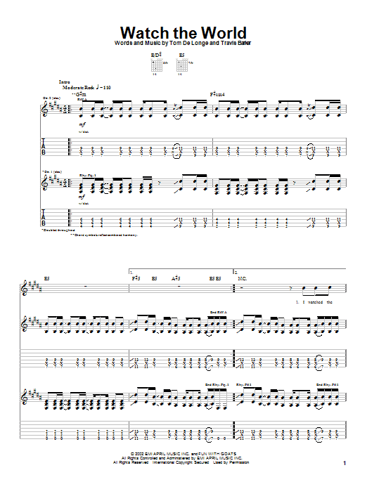 Box Car Racer Watch The World sheet music notes and chords arranged for Guitar Tab