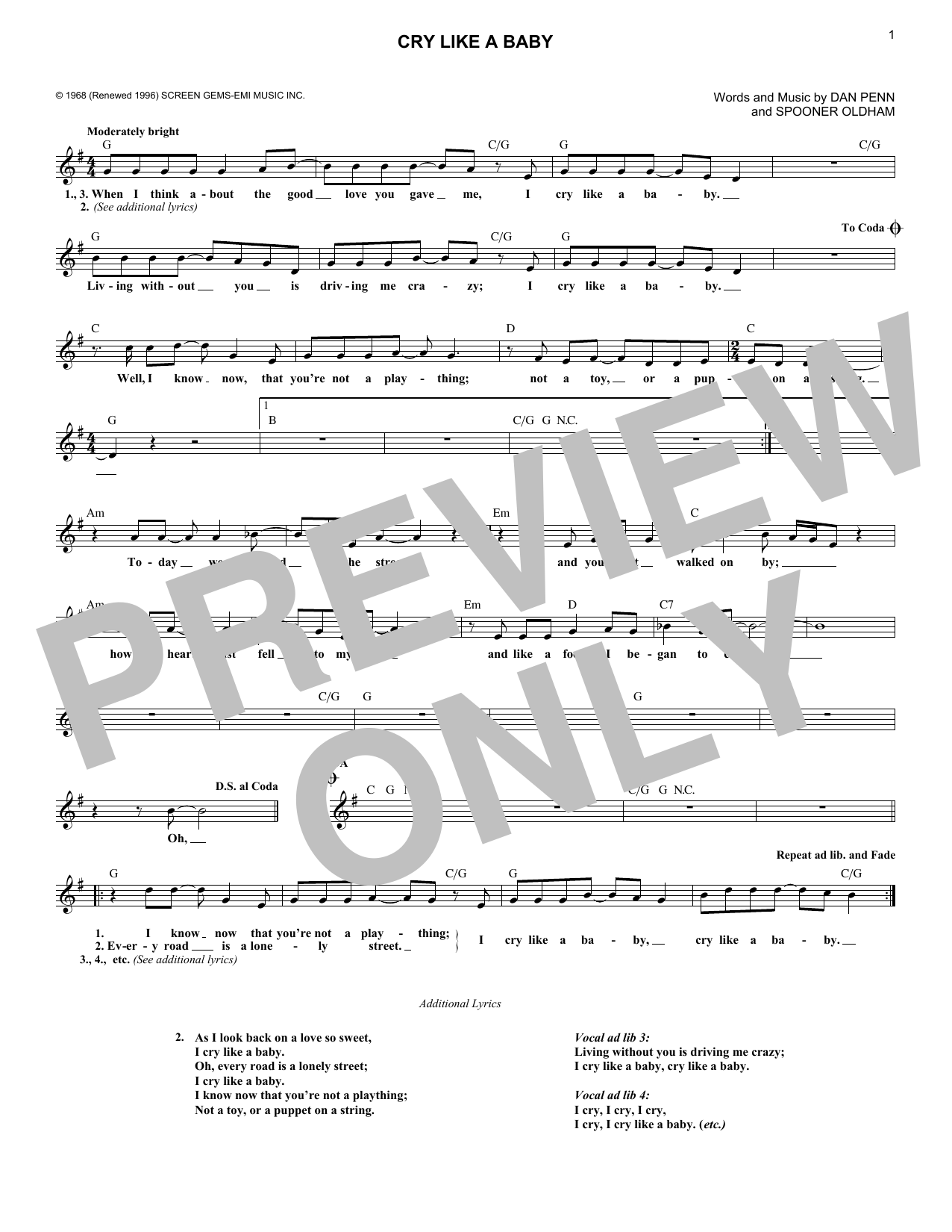 Box Tops Cry Like A Baby sheet music notes and chords arranged for Lead Sheet / Fake Book