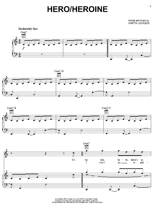 Boys Like Girls Hero/Heroine sheet music notes and chords arranged for Piano, Vocal & Guitar Chords (Right-Hand Melody)
