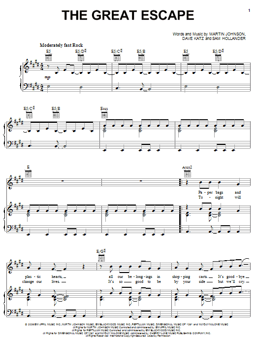 Boys Like Girls The Great Escape sheet music notes and chords arranged for Piano, Vocal & Guitar Chords (Right-Hand Melody)