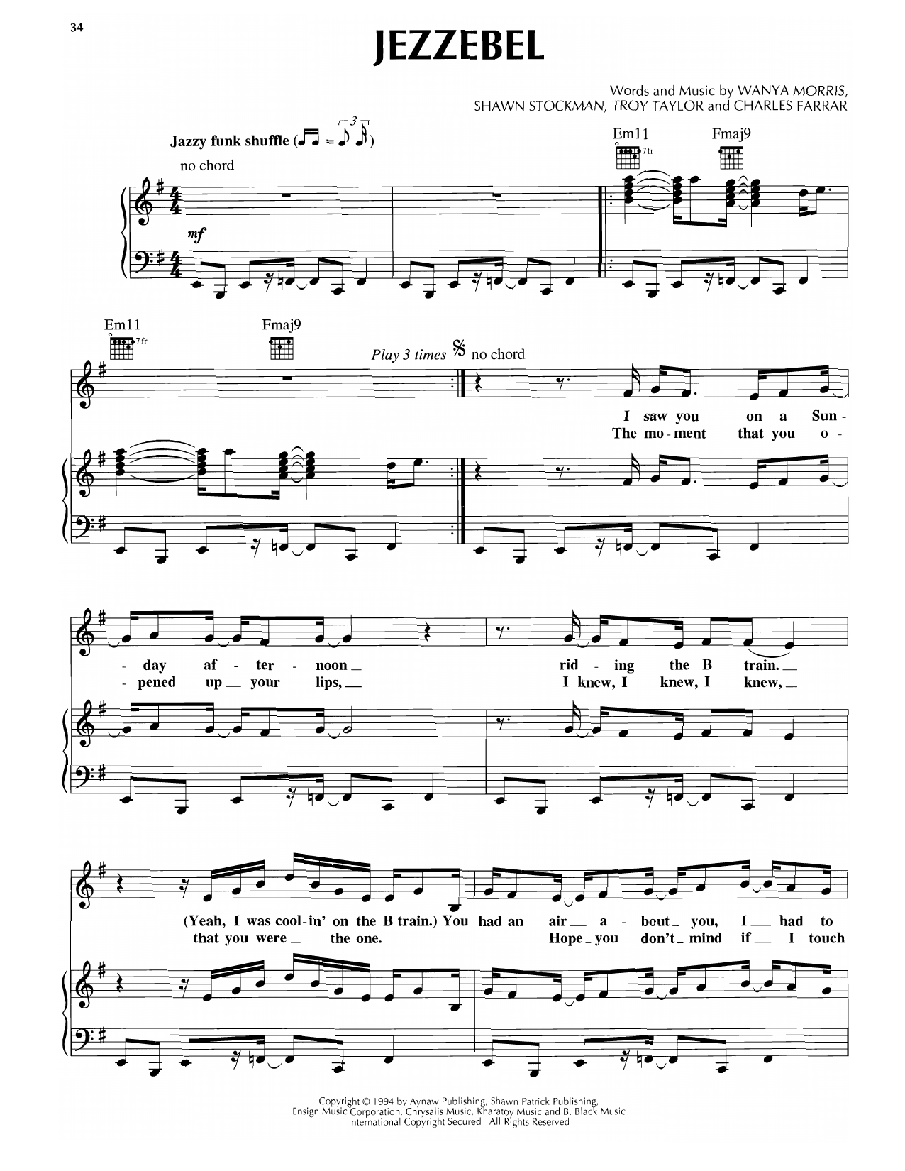 Boyz II Men Jezzebel sheet music notes and chords arranged for Piano, Vocal & Guitar Chords (Right-Hand Melody)