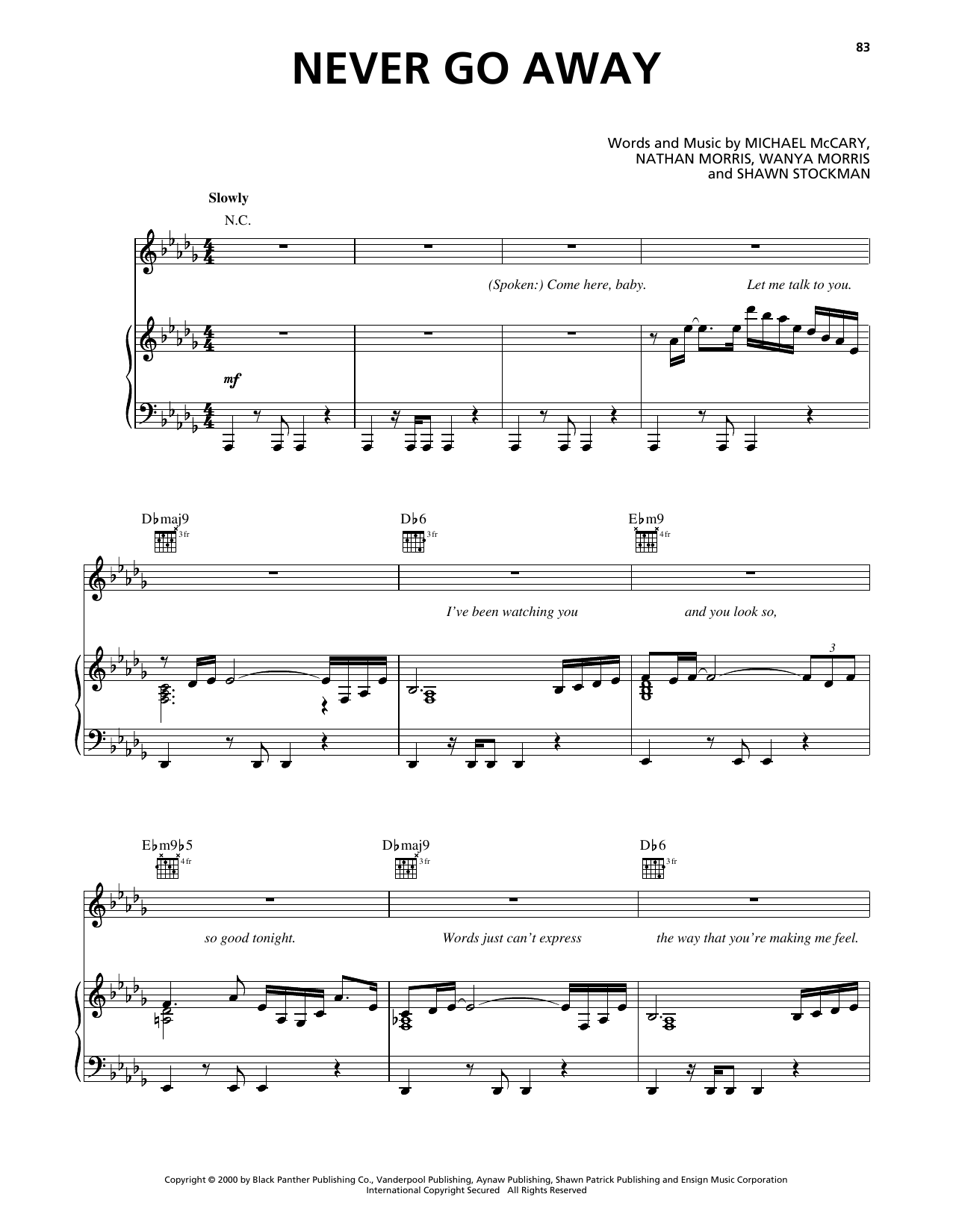 Boyz II Men Never Go Away sheet music notes and chords arranged for Piano, Vocal & Guitar Chords (Right-Hand Melody)