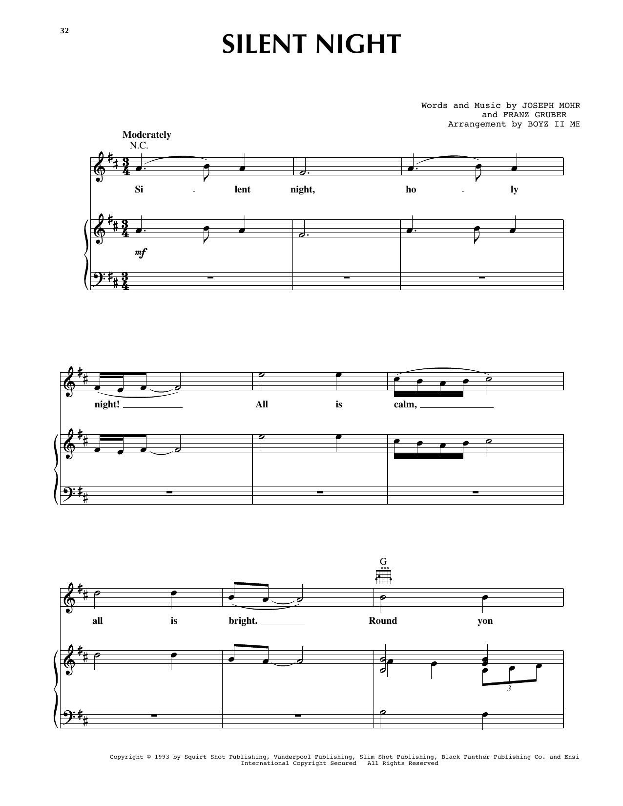 Boyz II Men Silent Night sheet music notes and chords arranged for Piano, Vocal & Guitar Chords (Right-Hand Melody)