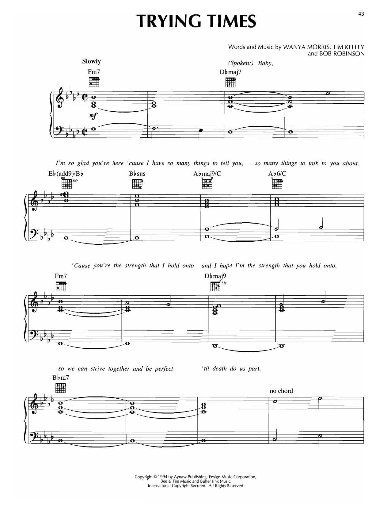 Boyz II Men Trying Times sheet music notes and chords arranged for Piano, Vocal & Guitar Chords (Right-Hand Melody)