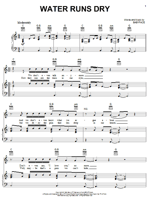 Boyz II Men Water Runs Dry sheet music notes and chords arranged for Piano, Vocal & Guitar Chords (Right-Hand Melody)