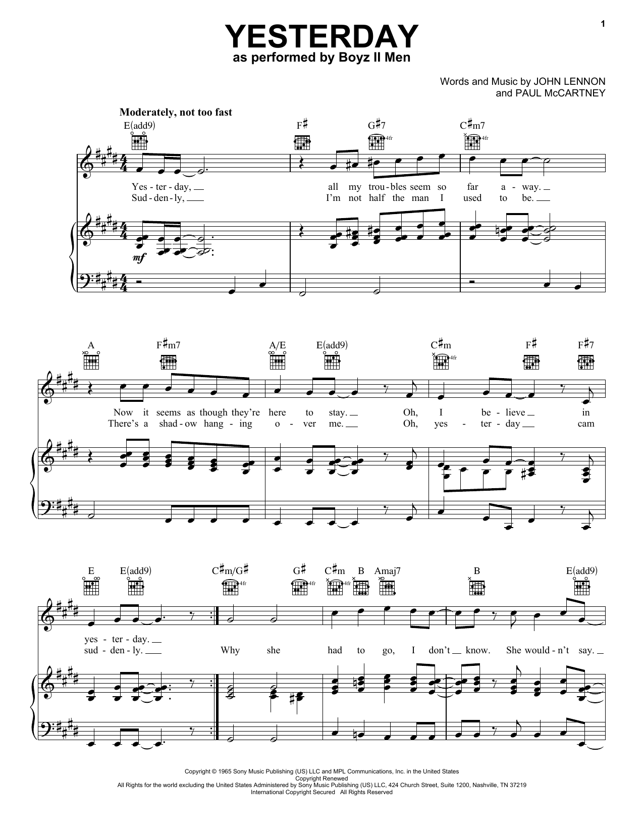 Boyz II Men Yesterday sheet music notes and chords arranged for Piano, Vocal & Guitar Chords (Right-Hand Melody)