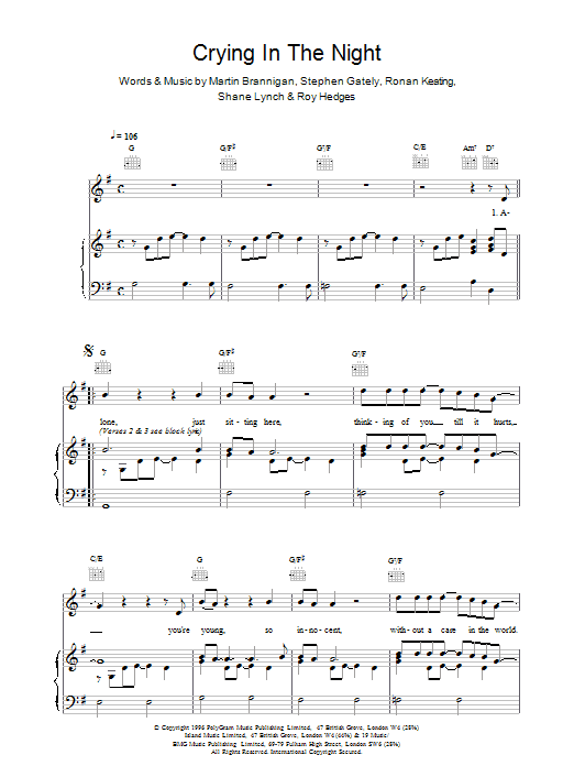 Boyzone Crying In The Night sheet music notes and chords arranged for Piano Chords/Lyrics