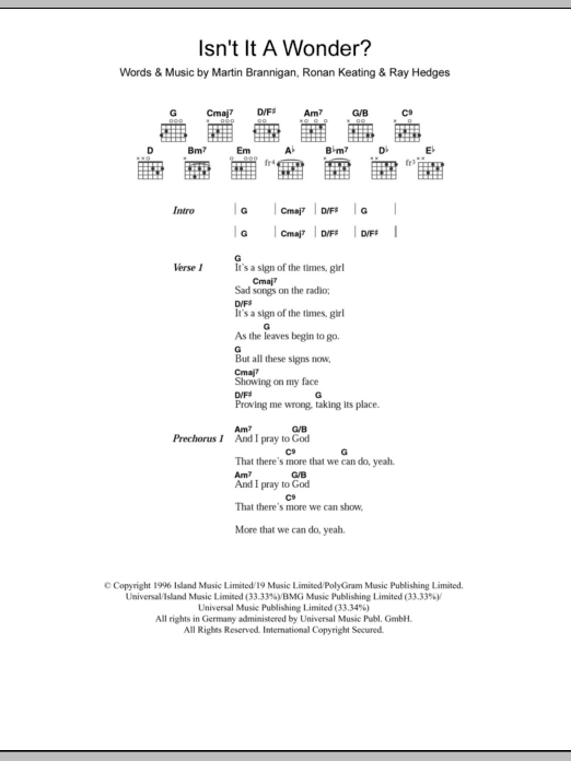Boyzone Isn't It A Wonder? sheet music notes and chords arranged for Piano Chords/Lyrics