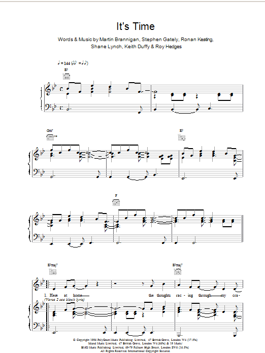 Boyzone Its Time sheet music notes and chords arranged for Piano, Vocal & Guitar Chords