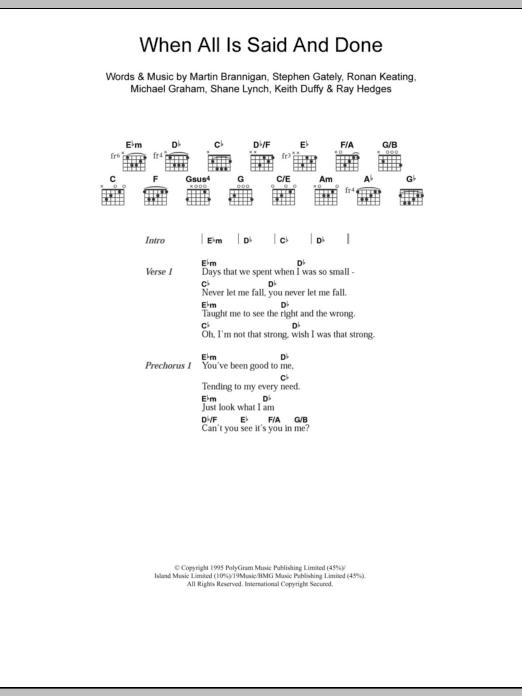 Boyzone When All Is Said And Done sheet music notes and chords arranged for Guitar Chords/Lyrics