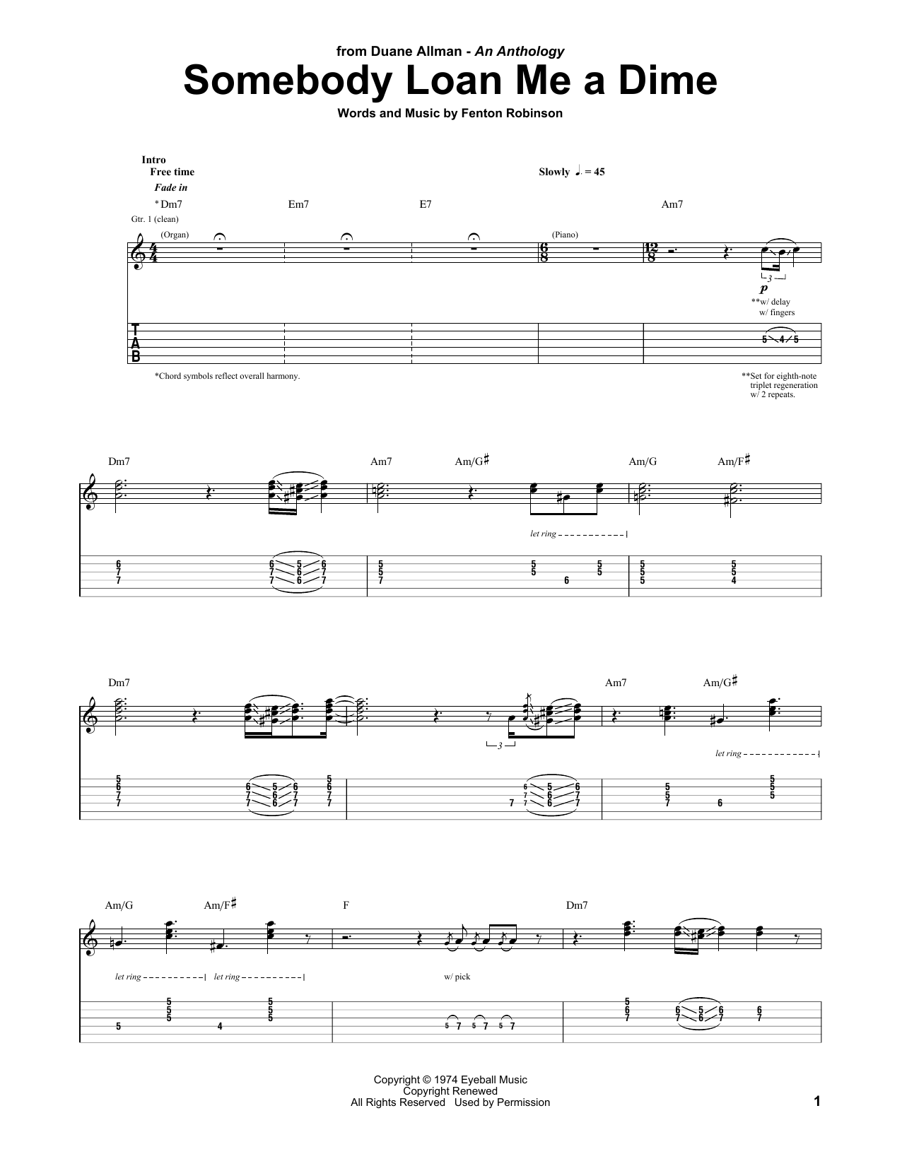 Boz Scaggs ft. Duane Allman Somebody Loan Me A Dime sheet music notes and chords arranged for Guitar Tab