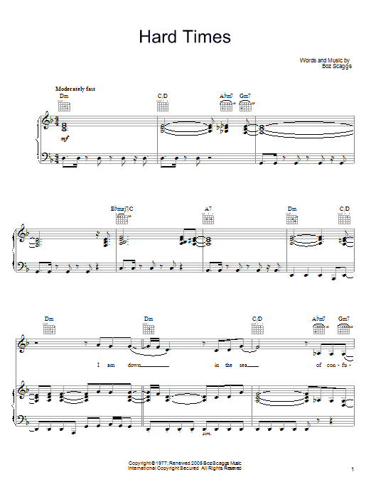 Boz Scaggs Hard Times sheet music notes and chords arranged for Piano, Vocal & Guitar Chords (Right-Hand Melody)