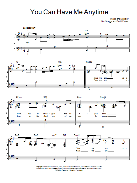 Boz Scaggs You Can Have Me Anytime sheet music notes and chords arranged for Easy Piano