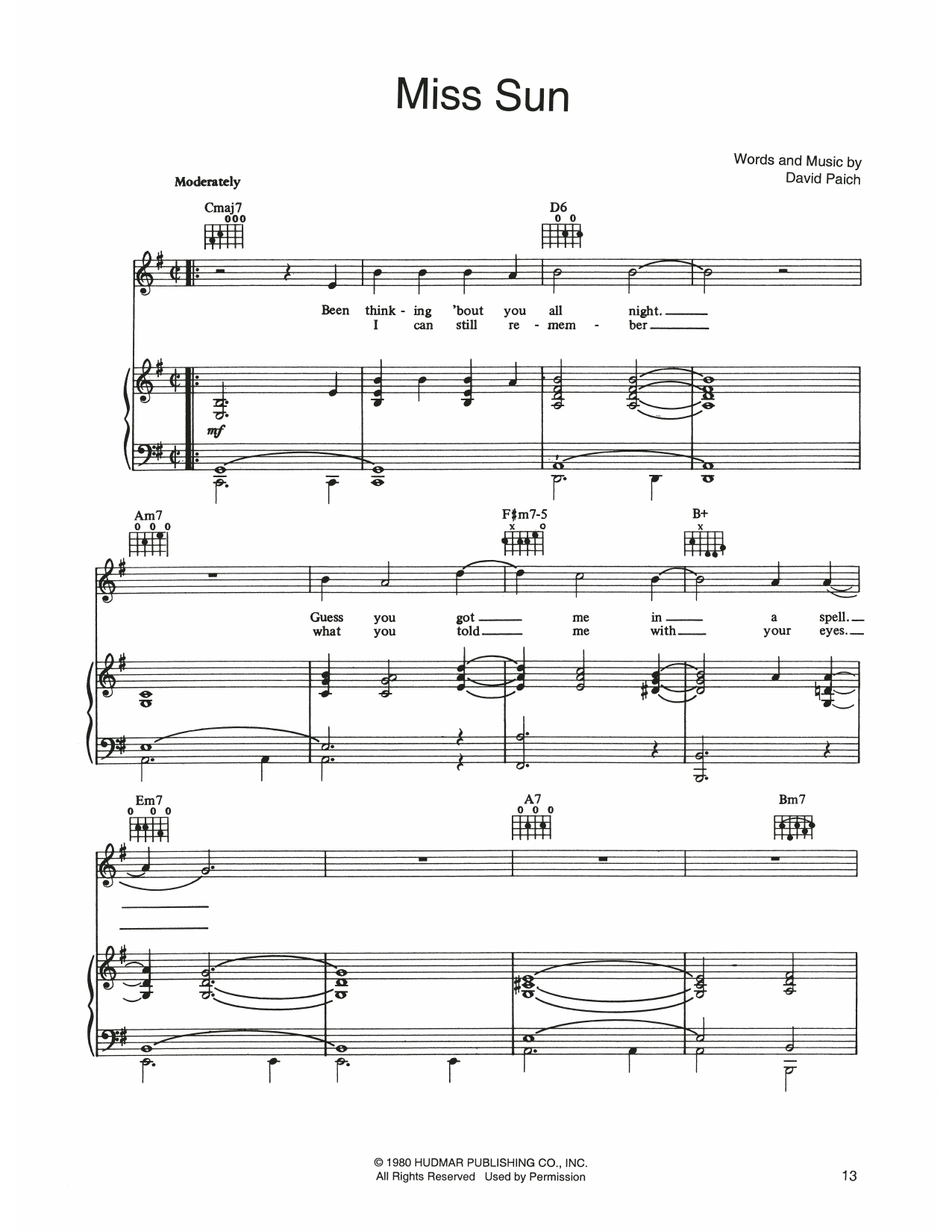Boz Scaggs Miss Sun sheet music notes and chords arranged for Piano, Vocal & Guitar Chords (Right-Hand Melody)