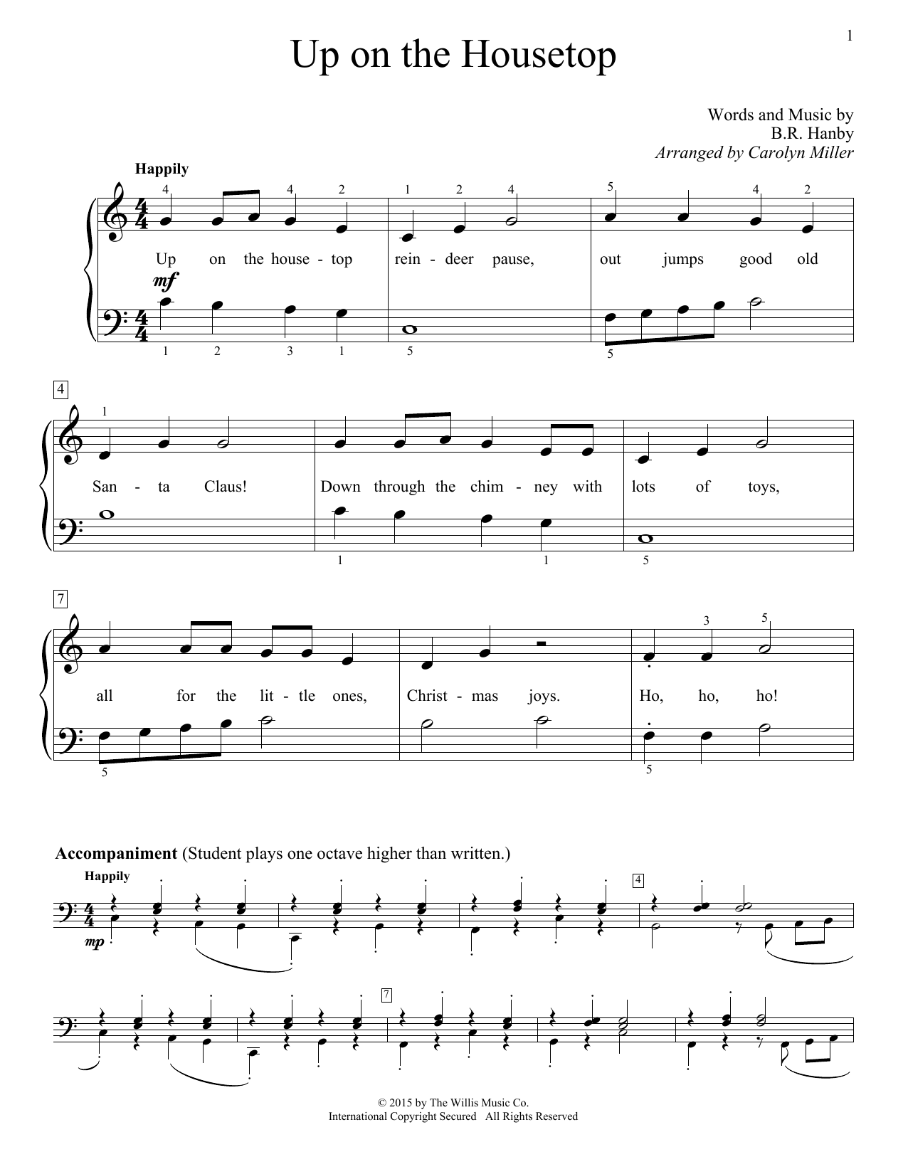 B.R. Hanby Up On The Housetop (arr. Carolyn Miller) sheet music notes and chords arranged for Educational Piano