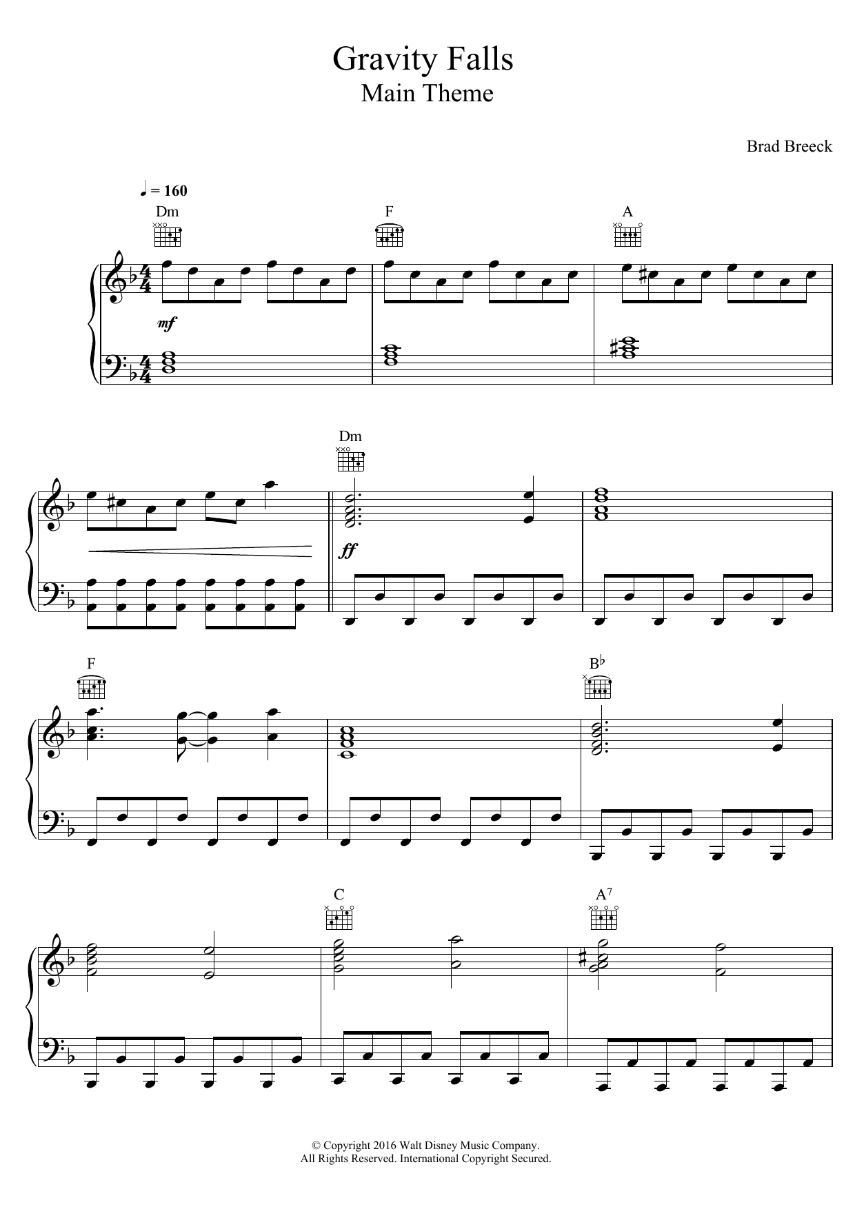 Brad Breeck Gravity Falls (Main Theme) sheet music notes and chords arranged for Piano Solo