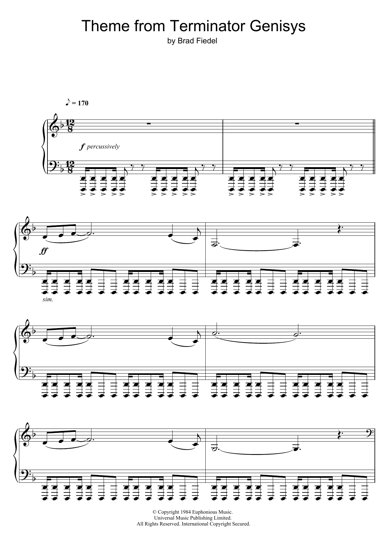 Brad Fiedel Terminator Theme sheet music notes and chords arranged for Piano Solo