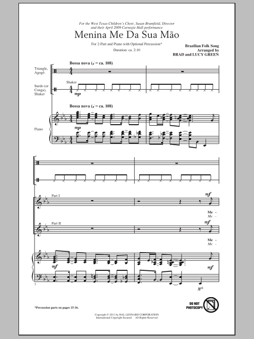 Brad Green Menina Me Da Sua Mao (Give Me Your Hand, Menina) sheet music notes and chords arranged for 2-Part Choir