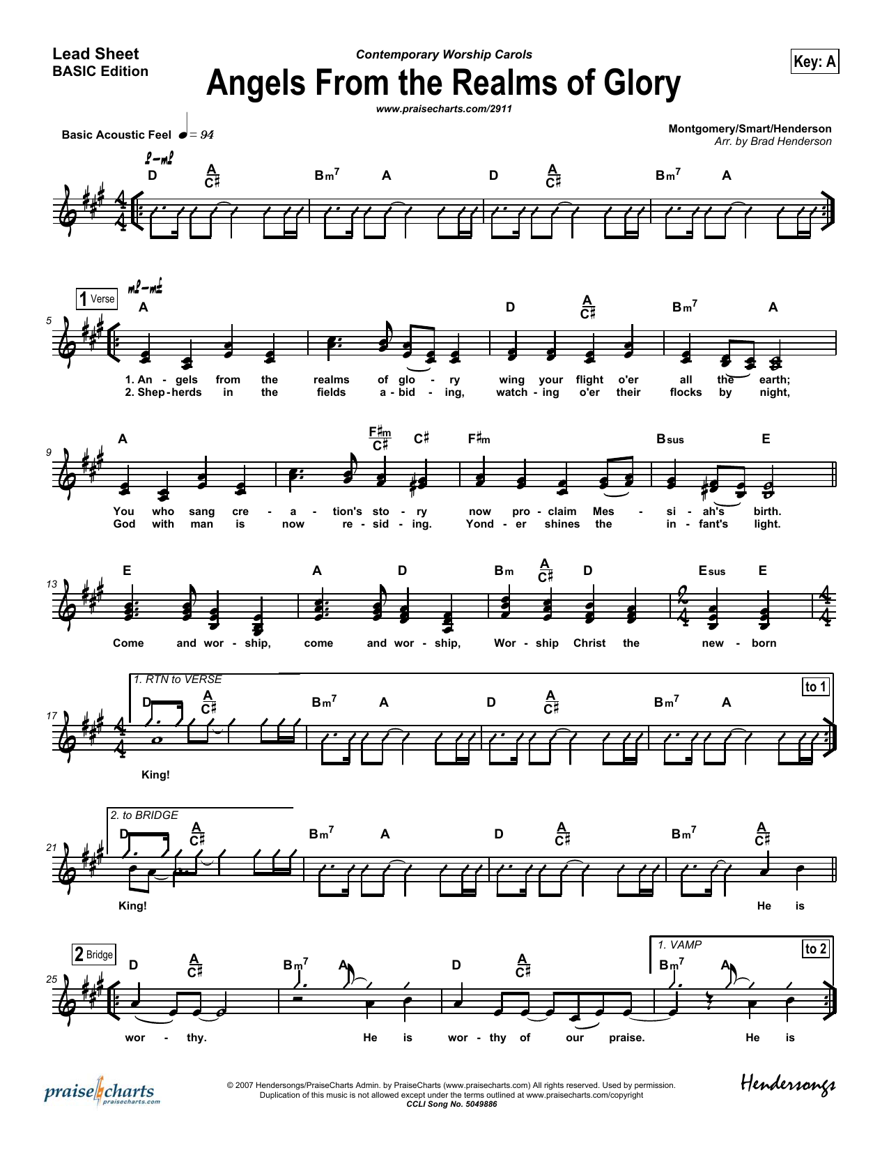 Brad Henderson Angels From the Realms of Glory sheet music notes and chords arranged for Lead Sheet / Fake Book