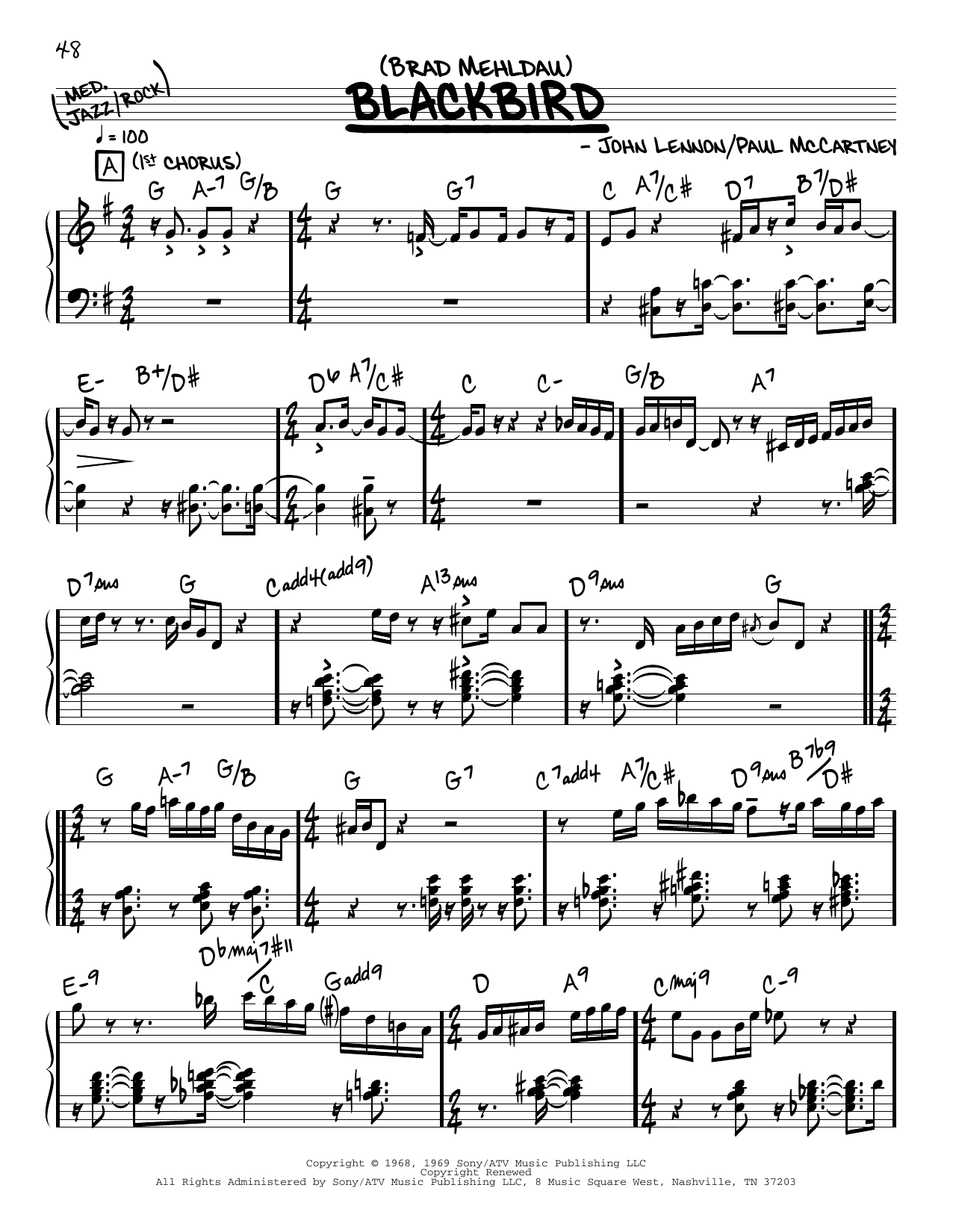 Brad Mehldau Blackbird (solo only) sheet music notes and chords arranged for Real Book – Melody & Chords