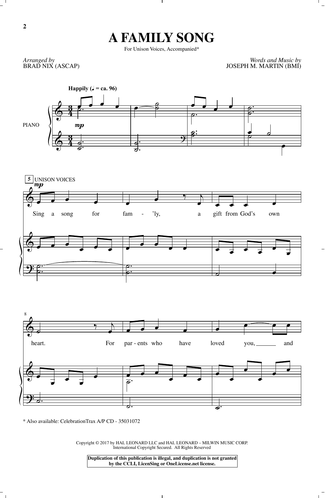 Brad Nix A Family Song sheet music notes and chords arranged for Unison Choir