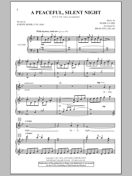 Brad Nix A Peaceful, Silent Night sheet music notes and chords arranged for SATB Choir