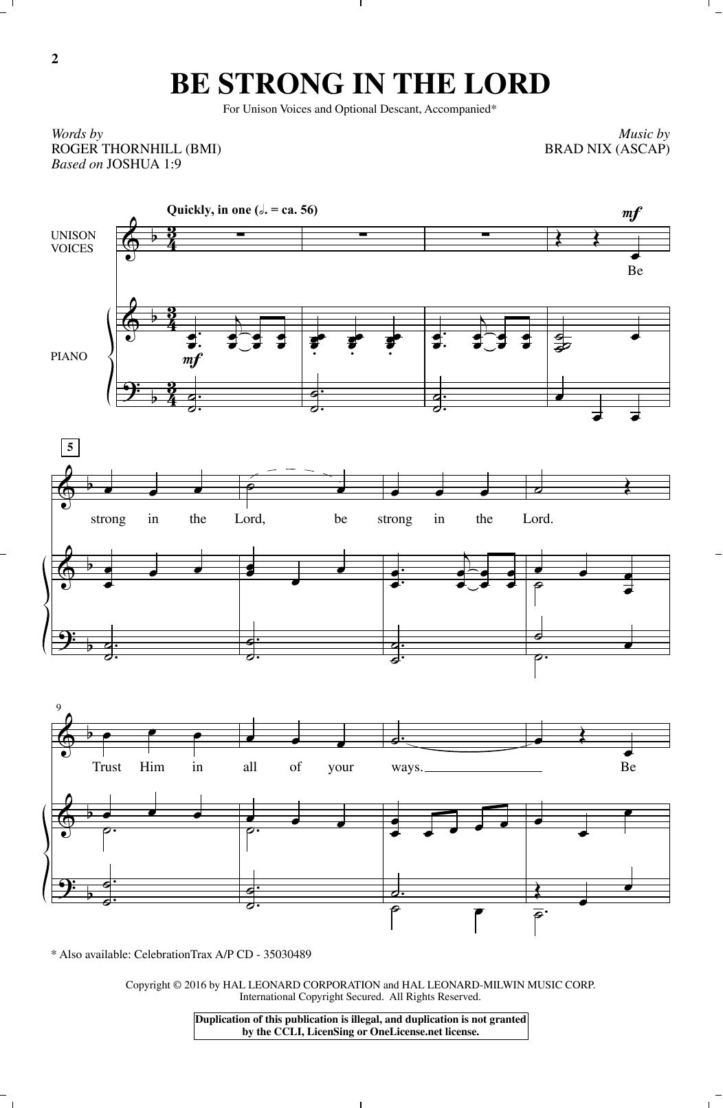 Brad Nix Be Strong In The Lord sheet music notes and chords arranged for Unison Choir