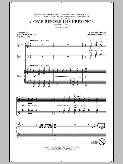 Brad Nix Come Before His Presence sheet music notes and chords arranged for SATB Choir