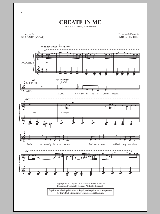 Brad Nix Create In Me sheet music notes and chords arranged for SATB Choir
