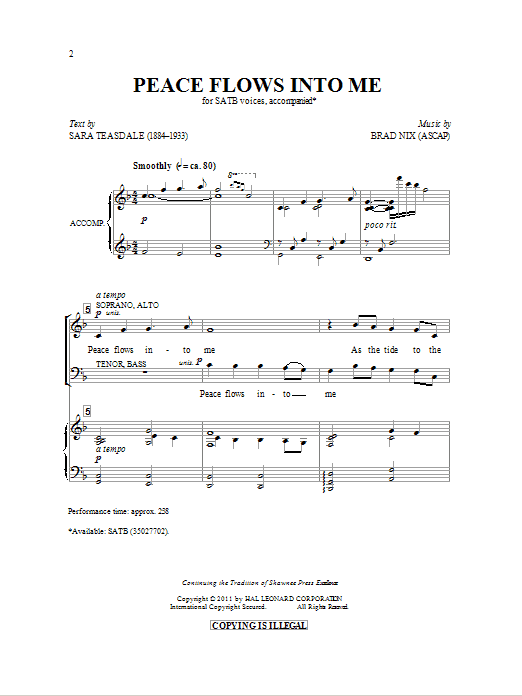 Brad Nix Peace Flows Into Me sheet music notes and chords arranged for SATB Choir