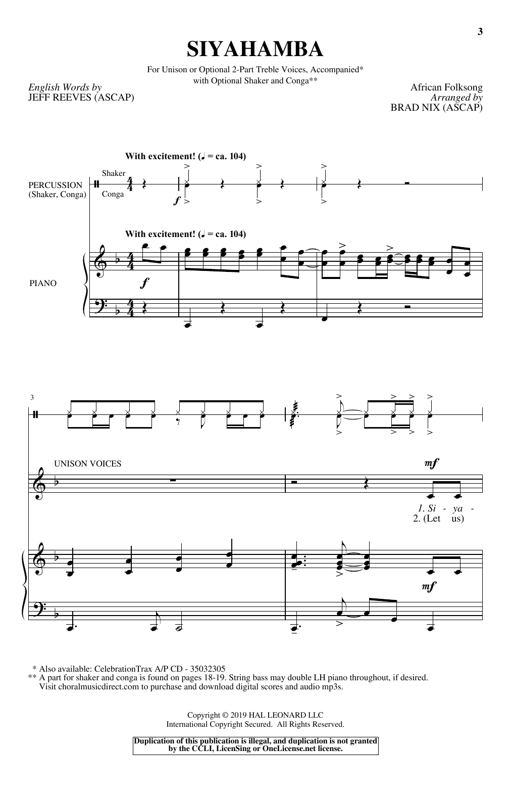 Brad Nix Siyahamba sheet music notes and chords arranged for Unison Choir